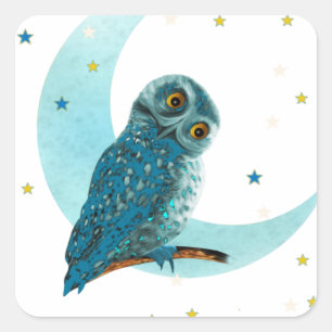 Cute Owl  Moon and Stars Square Sticker