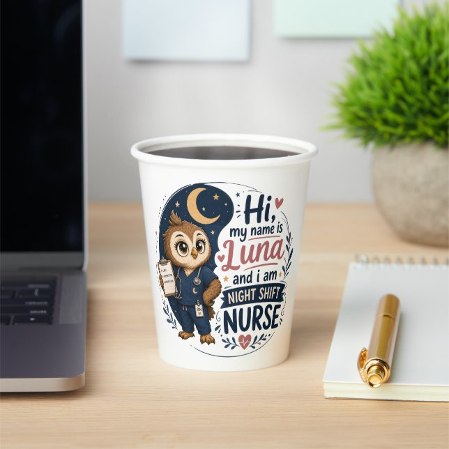 Cute Owl Night Shift Nurse RN Illustration  Paper Cups (Insitu)