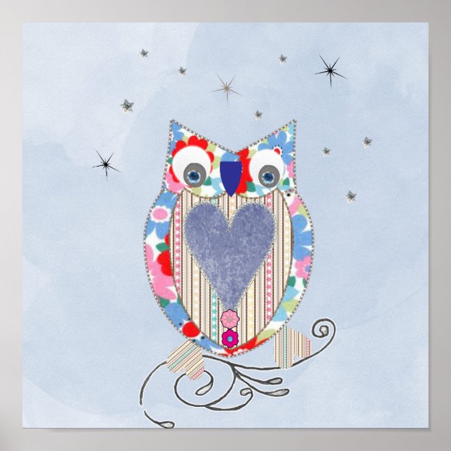 Cute Owl Nursery Picture Print Cross Stitch look F (Front)