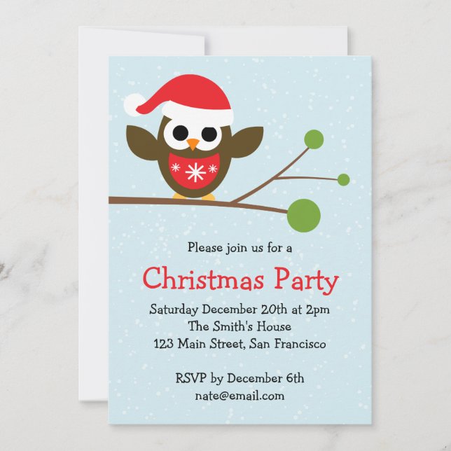 Cute Owl on a Branch - Christmas Party Invitation (Front)