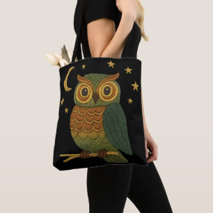 Cute Owl on a Branch Embroidered Look Unisex Tote Bag
