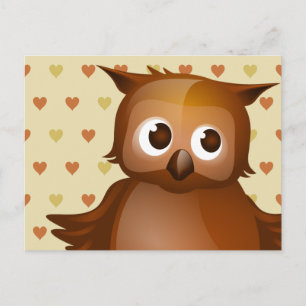 Cute Owl on Beige Heart Pattern Background Postcard