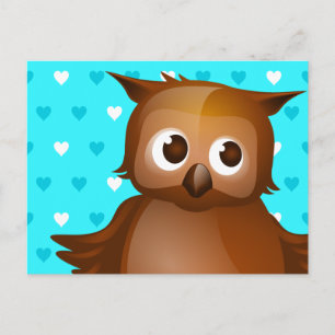 Cute Owl on Blue Heart Pattern Background Postcard