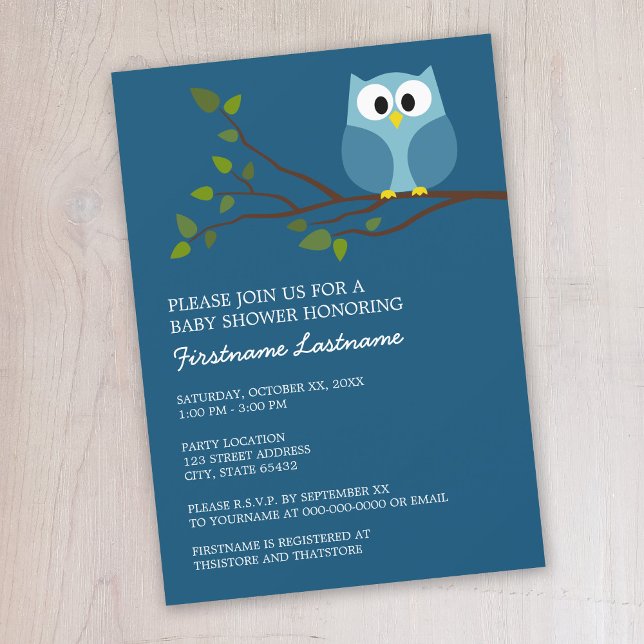 Cute Owl on Branch Baby Boy Shower Invitation (Cute owl baby shower invitation)