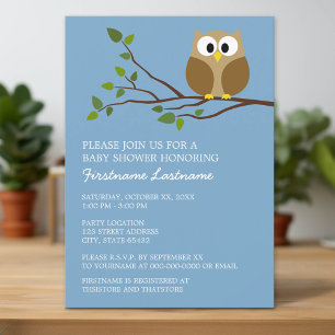 Cute Owl on Branch Baby Boy Shower Invitation