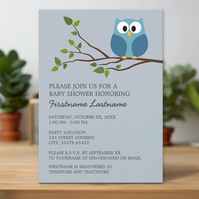 Cute Owl on Branch Baby Boy Shower Invitation (Custom Invitation with Download Option)
