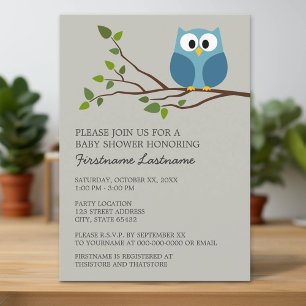 Cute Owl on Branch Baby Boy Shower Invitation