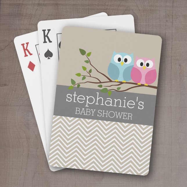 Cute Owl on Branch Baby Girl or Boy Shower Playing Cards (Personalized playing cards - Fun Baby Shower or other party design)