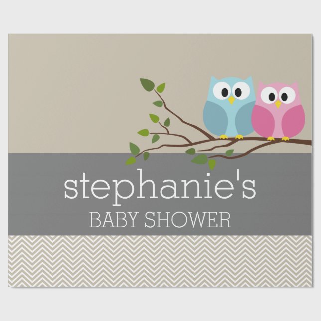 Cute Owl on Branch Baby Girl or Boy Shower Wrapping Paper (Flat)