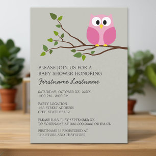 Cute Owl on Branch Baby Girl Shower Invitation