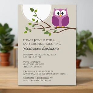Cute Owl on Branch Baby Girl Shower Invitation
