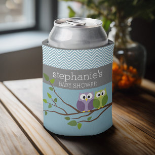 Cute Owl on Branch - Blue Baby Boy Shower Can Cooler