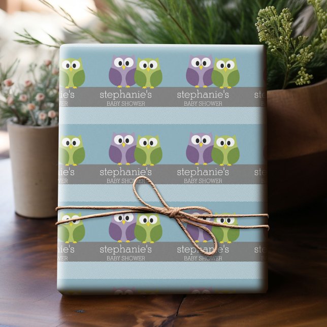 Cute Owl on Branch - Blue Baby Boy Shower Wrapping Paper (Custom Wrapping Paper)