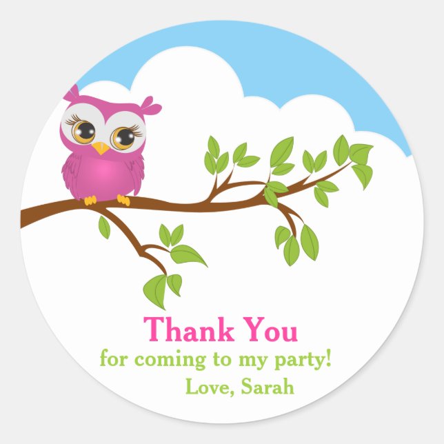 Cute Owl on Branch Girl Birthday Thank You Sticker (Front)