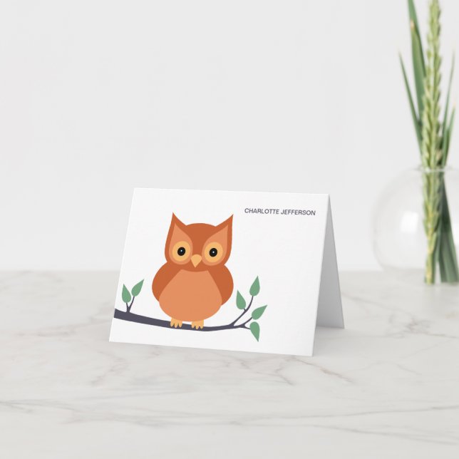 Cute Owl on Branch Personalised Note Cards (Front)