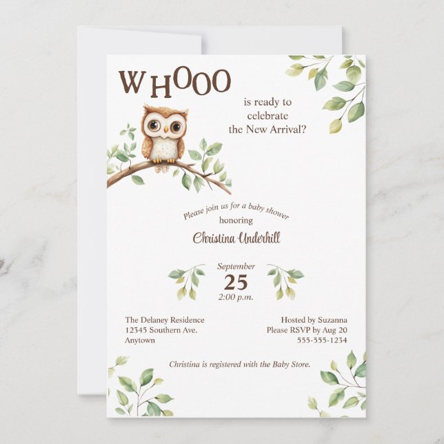 Cute Owl on Branch Watercolor Baby Shower Invitation (Front)