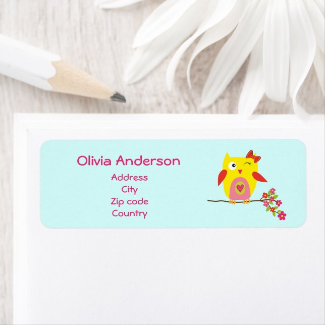 Cute Owl on Branch with Pink Flowers Personalised (Insitu)