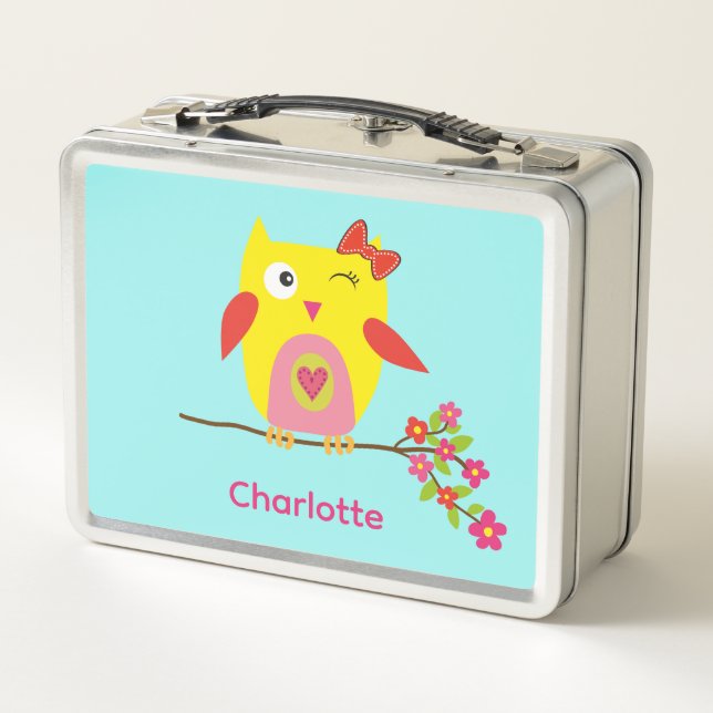 Cute Owl on Branch with Pink Flowers Personalised Metal Lunch Box (Back)