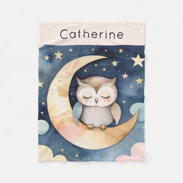 Cute Owl on Moon with Night Sky Personalised Fleece Blanket (Front)