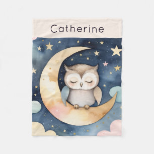 Cute Owl on Moon with Night Sky Personalized Fleece Blanket