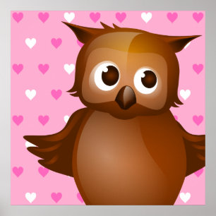 Cute Owl on Pink Heart Pattern Background Poster