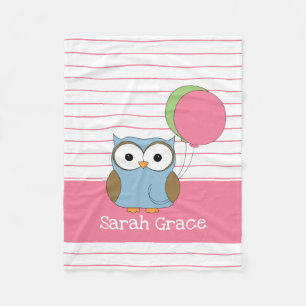 Cute Owl on Pink Pinstripes, Add Name Fleece Blanket