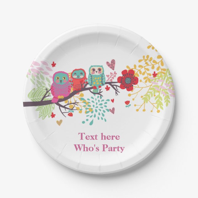 cute owl, owls, flower, floral Paper Plate (Front)