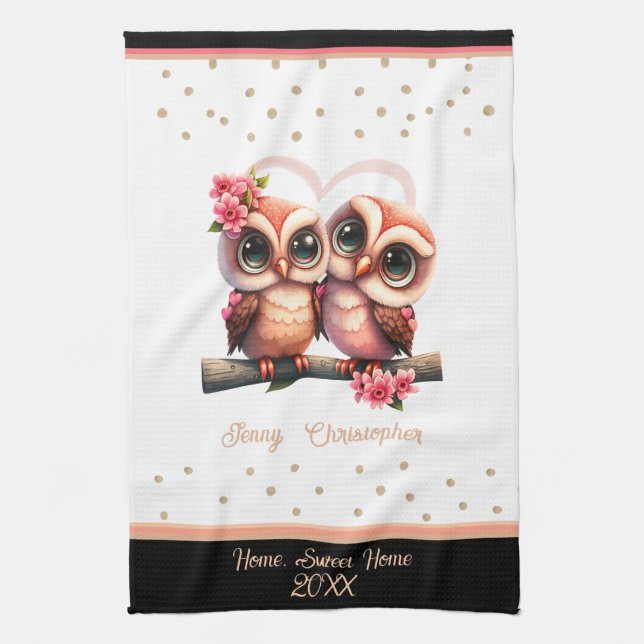 Cute owl pair in love Valentine custom name Tea Towel (Vertical)