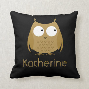 Cute Owl Pillow, Black & Gold; Add Name Cushion