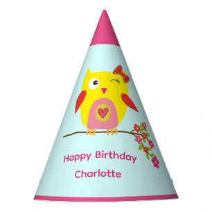 Cute Owl Pink Flowers Kids Personalised Birthday Party Hat