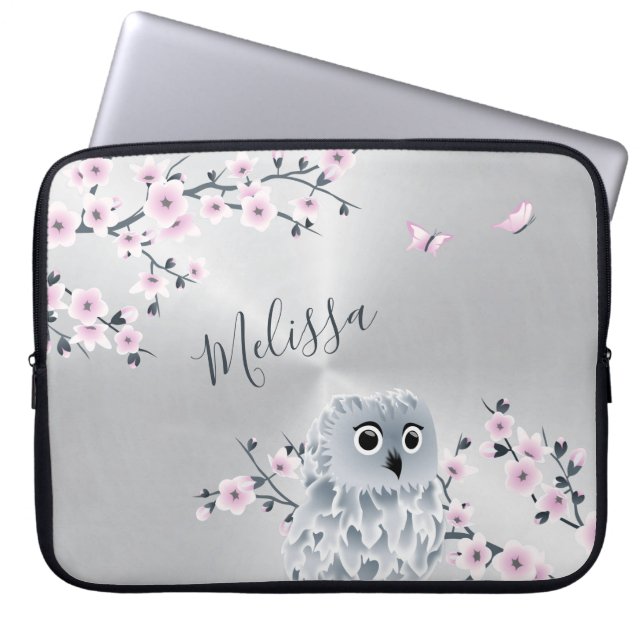 Cute Owl Pink Silver Monogram Laptop Sleeve (Front)
