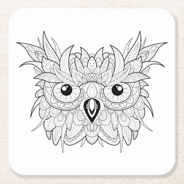 Cute Owl Portrait Doodle Square Paper Coaster (Front)