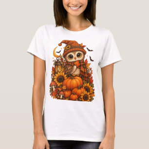Cute Owl Pumpkin Sunflower Cosy Fall Autumn Design T-Shirt