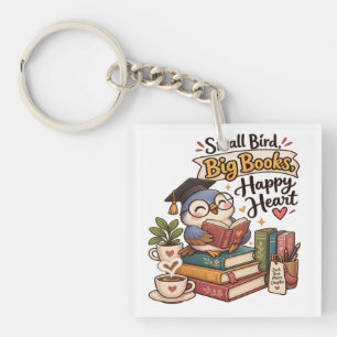 Cute Owl Reading Books Illustration Key Ring