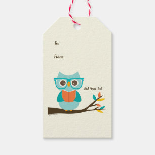 Cute Owl Reading Personalised Colourful Turquoise Gift Tags