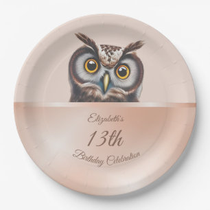 Cute Owl Rose Gold Custom Birthday Paper Plates