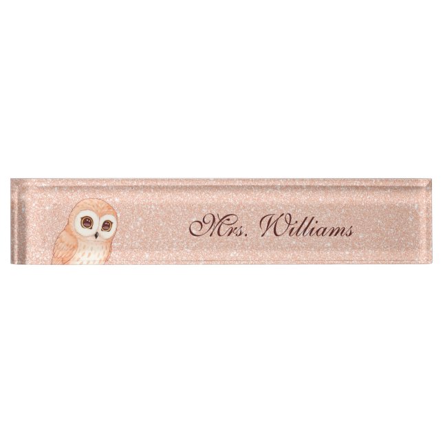 Cute Owl Rose Gold Glitter Teacher  Nameplate (Front)
