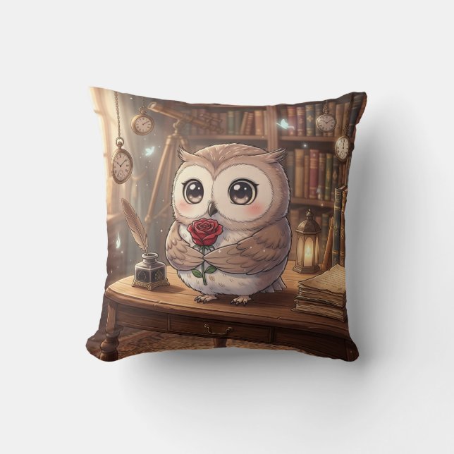 Cute Owl Rose Library Pillow (Front)