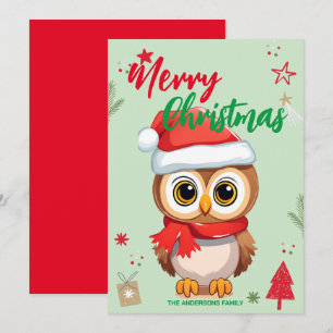 Cute Owl santa Christmas Holiday Family name kids Card