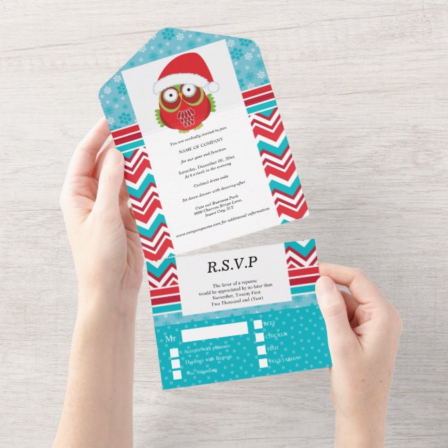 Cute owl Santa hat year end business function All In One Invitation (Tearaway)