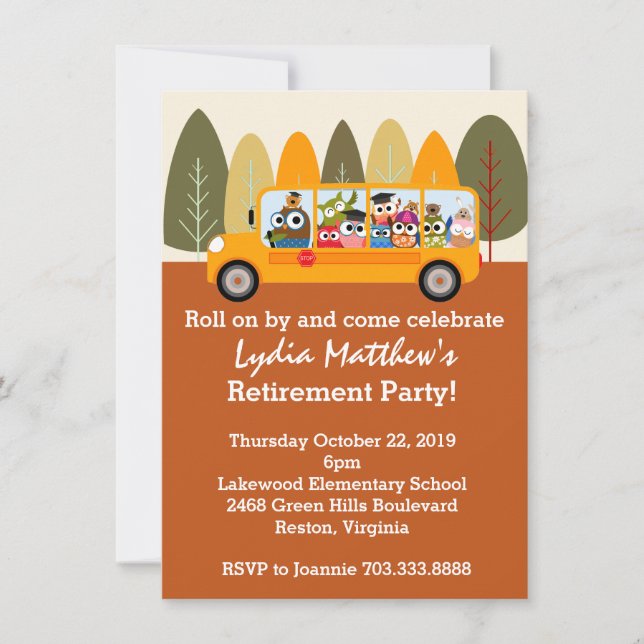 Cute Owl School Bus Driver Retirement Party Invitation (Front)