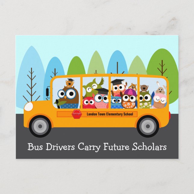 Cute Owl School Bus Driver Thank You Postcard (Front)