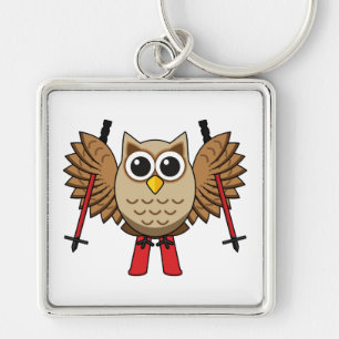 Cute Owl Skiing Cartoon Key Ring