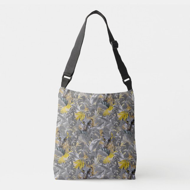 Cute owl - sparkling eyes & Grey yellow leaves Crossbody Bag (Front)