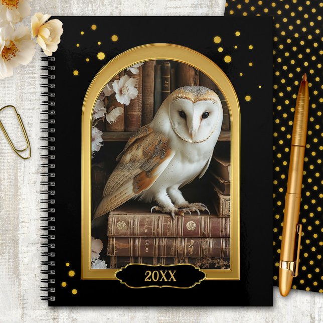 Cute Owl Teacher Class Year  Planner (Gold and black year planner featuring a cute barn owl on books, surrounded by festive confetti)