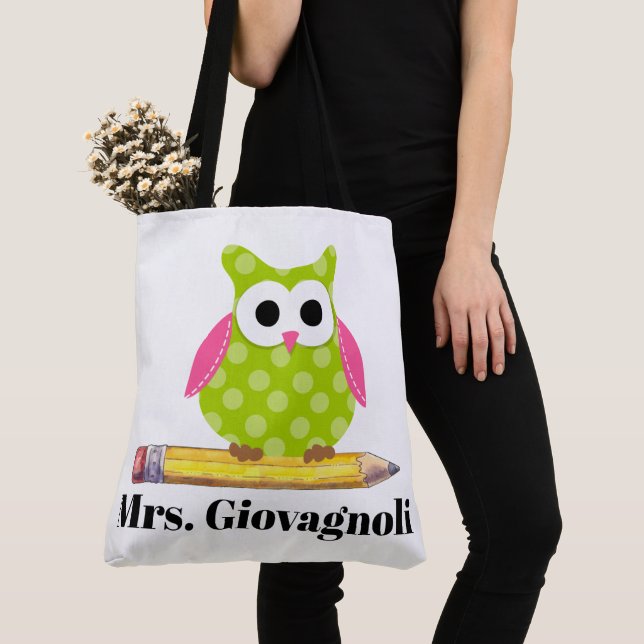 Cute Owl Teacher Tote - See Back! (Close Up)