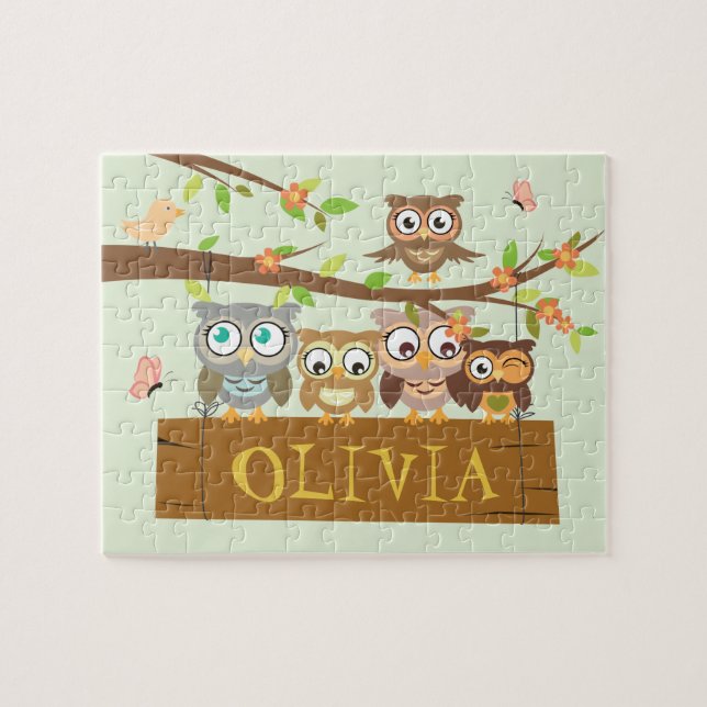 Cute owl theme, hanging wood name sign jigsaw puzzle (Horizontal)