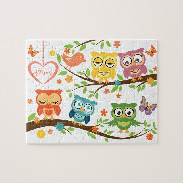 Cute owl theme, with heart shaped name sign jigsaw puzzle (Horizontal)