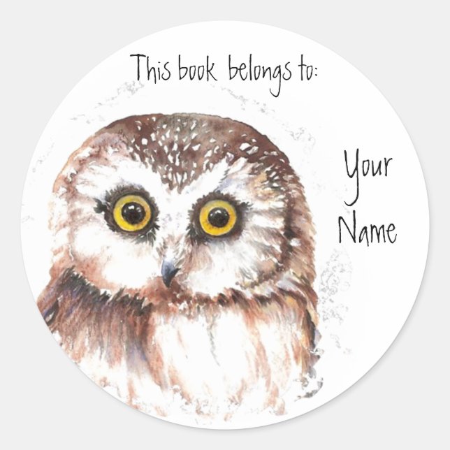 Cute Owl, This book belongs to Bookplate Classic Round Sticker (Front)