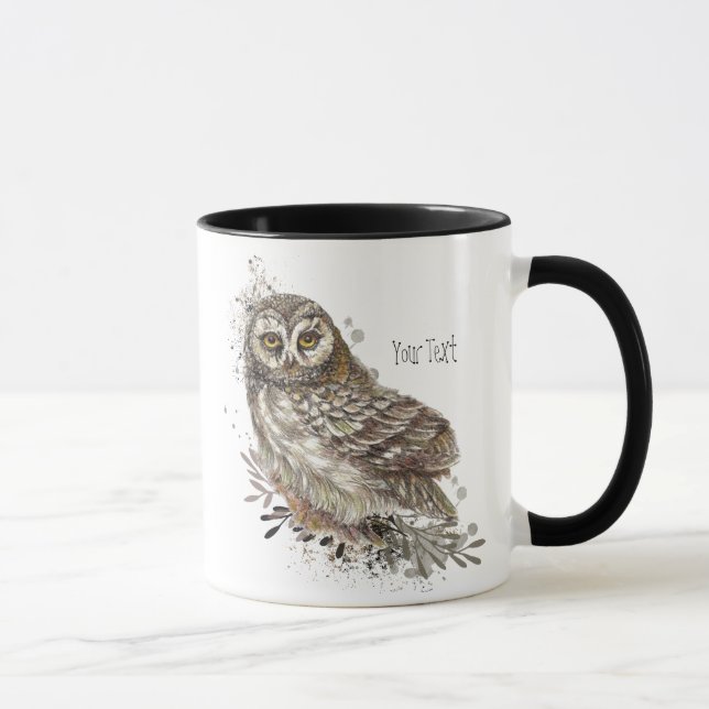 Cute Owl ,Watercolor Bird Nature Custom Text Mug (Right)